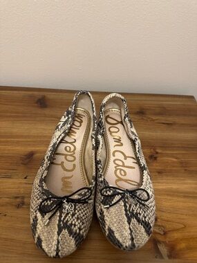 Sam Edelman Neutral Snake-Print Ballet Flats with Black Bow
